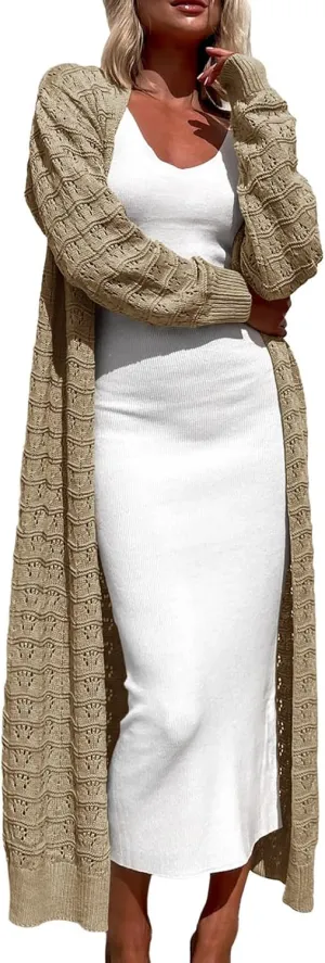 ZoeAce Womens Crochet Maxi Cardigan Sweaters Open Front Knit Long Sleeve Lightweight Duster Cardigan Casual Winter Outfits