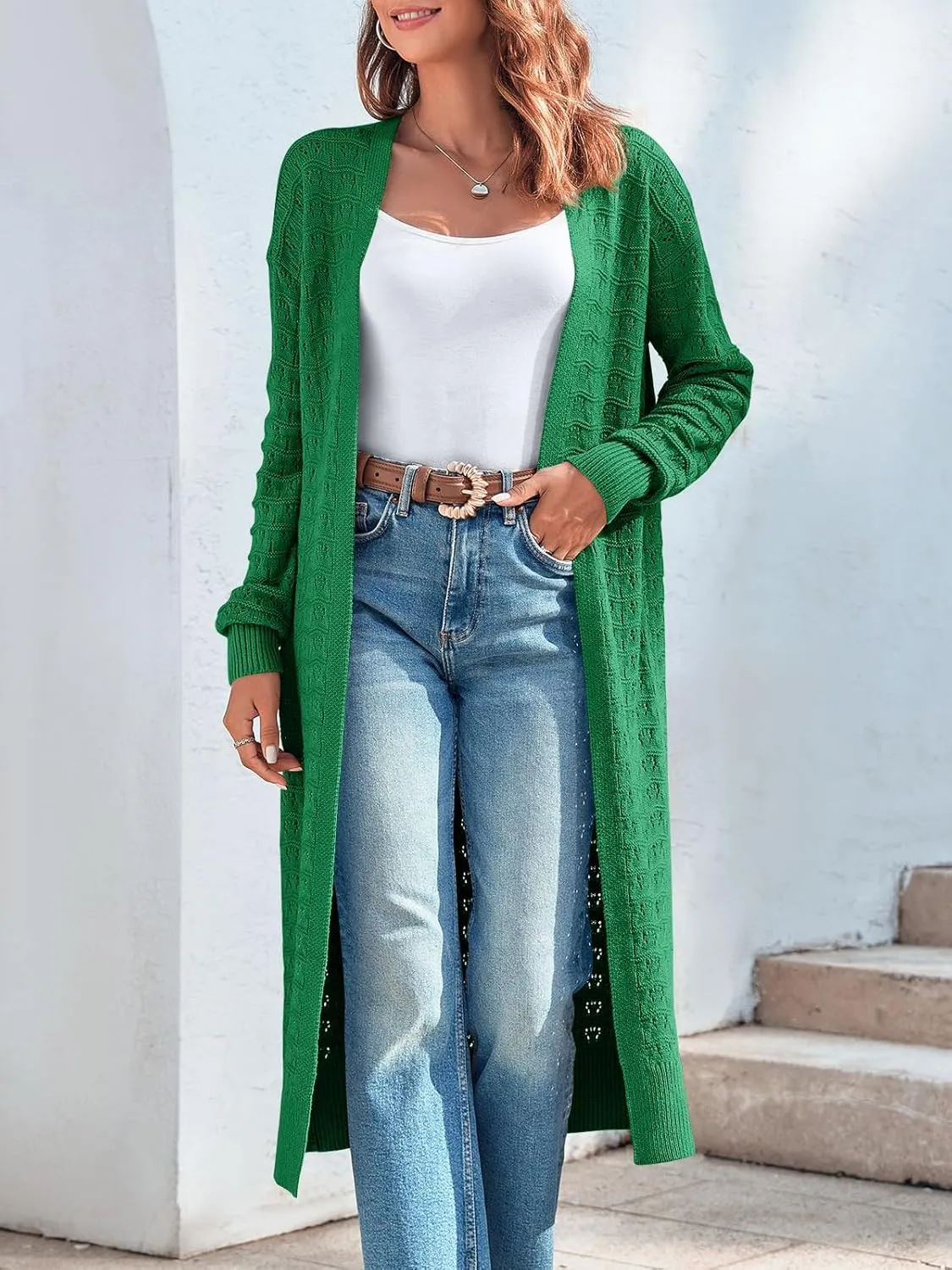 ZoeAce Womens Crochet Maxi Cardigan Sweaters Open Front Knit Long Sleeve Lightweight Duster Cardigan Casual Winter Outfits