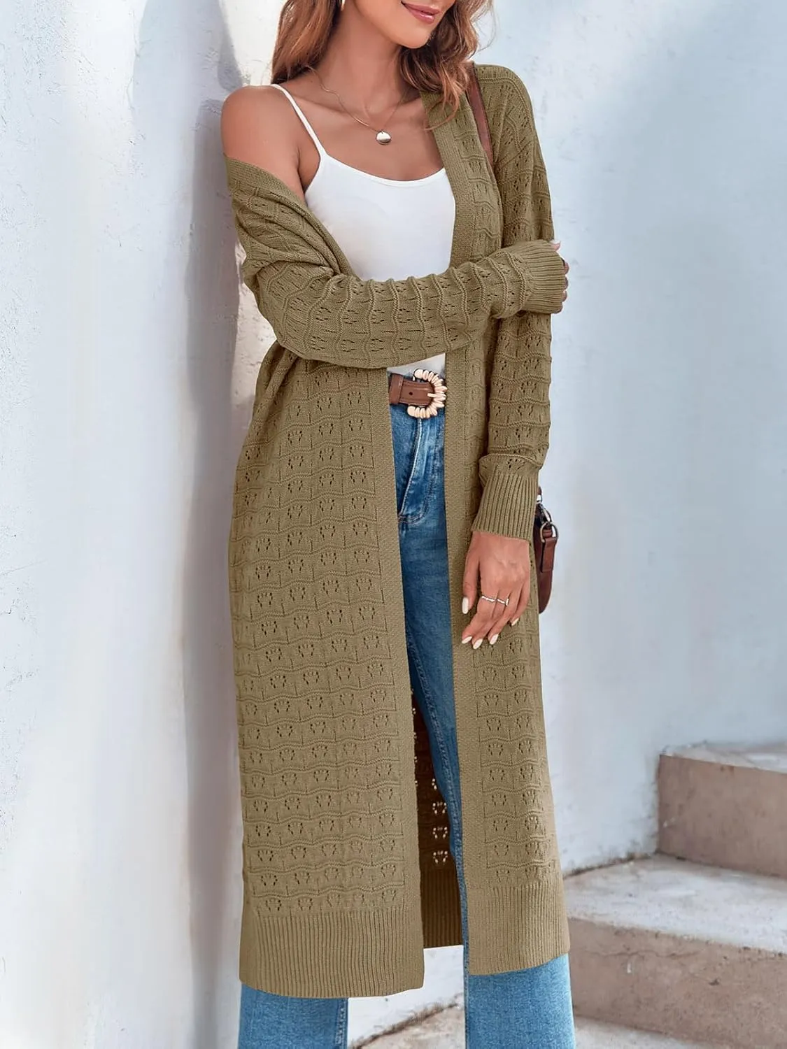 ZoeAce Womens Crochet Maxi Cardigan Sweaters Open Front Knit Long Sleeve Lightweight Duster Cardigan Casual Winter Outfits