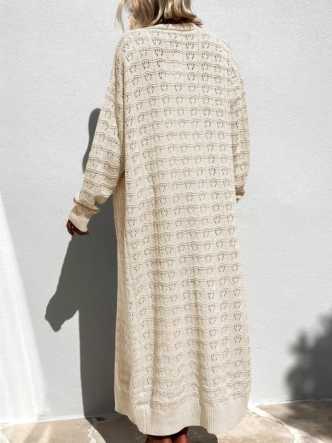 ZoeAce Womens Crochet Maxi Cardigan Sweaters Open Front Knit Long Sleeve Lightweight Duster Cardigan Casual Winter Outfits