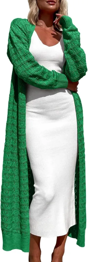 ZoeAce Womens Crochet Maxi Cardigan Sweaters Open Front Knit Long Sleeve Lightweight Duster Cardigan Casual Winter Outfits