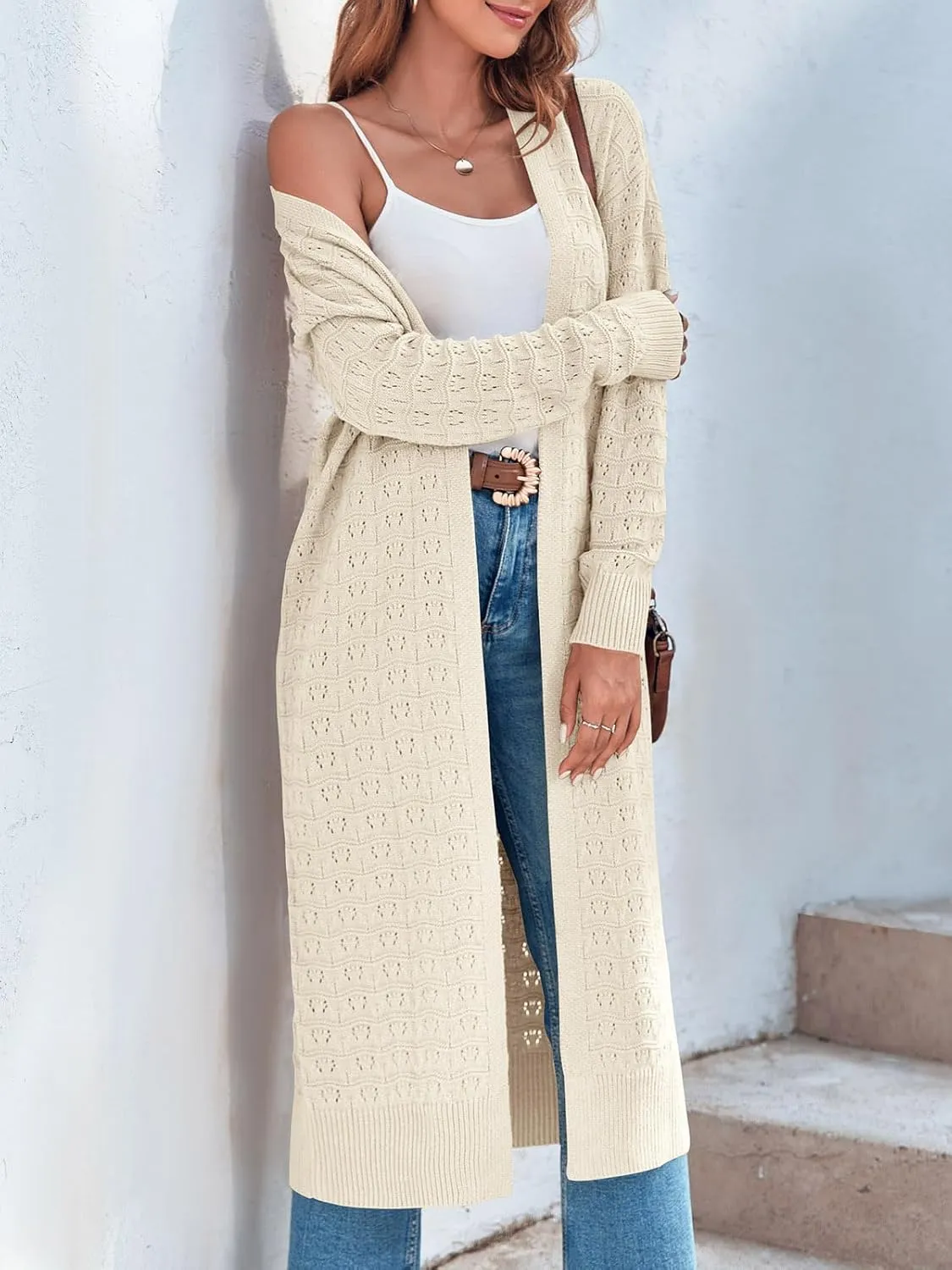 ZoeAce Womens Crochet Maxi Cardigan Sweaters Open Front Knit Long Sleeve Lightweight Duster Cardigan Casual Winter Outfits