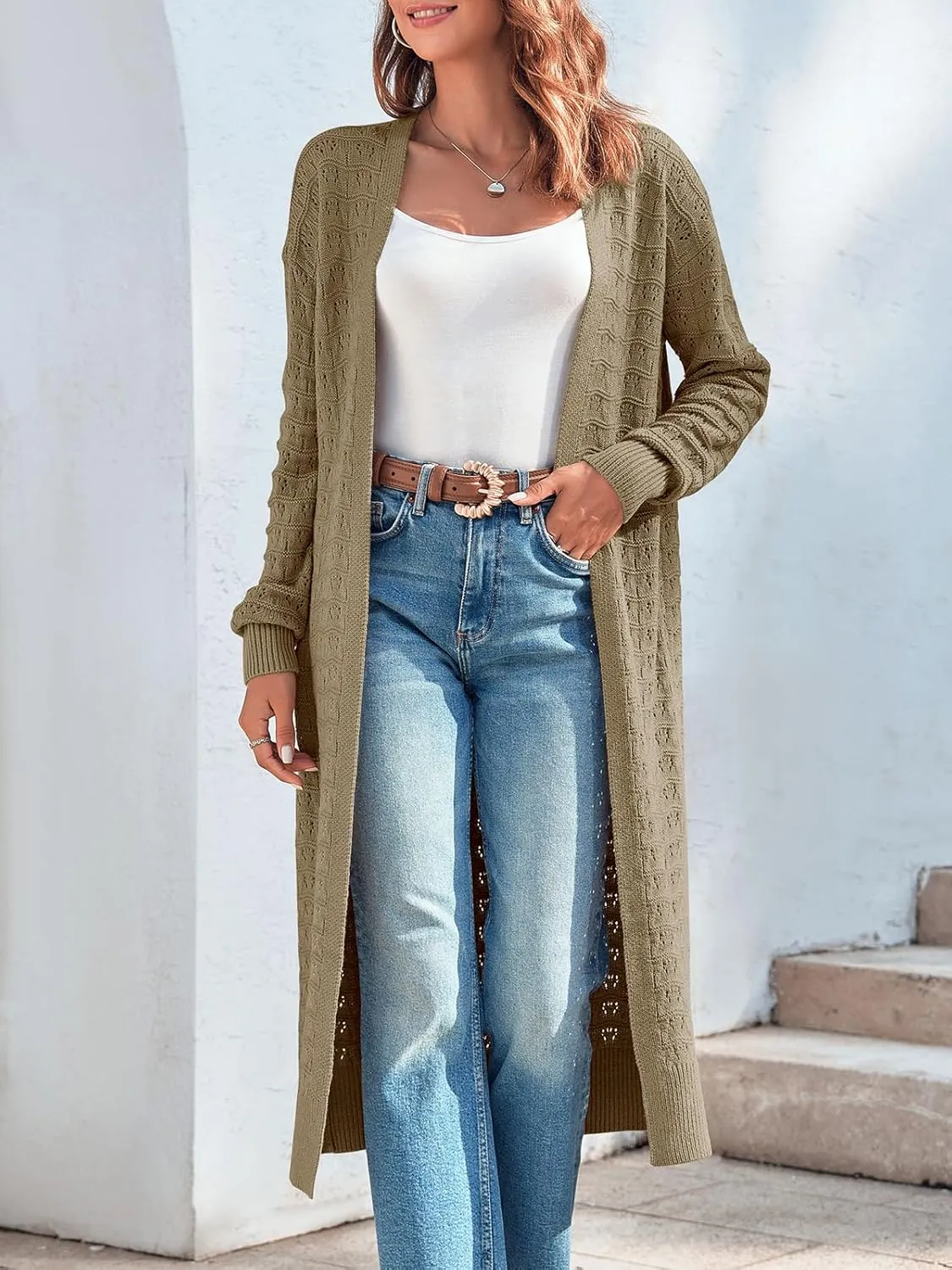 ZoeAce Womens Crochet Maxi Cardigan Sweaters Open Front Knit Long Sleeve Lightweight Duster Cardigan Casual Winter Outfits