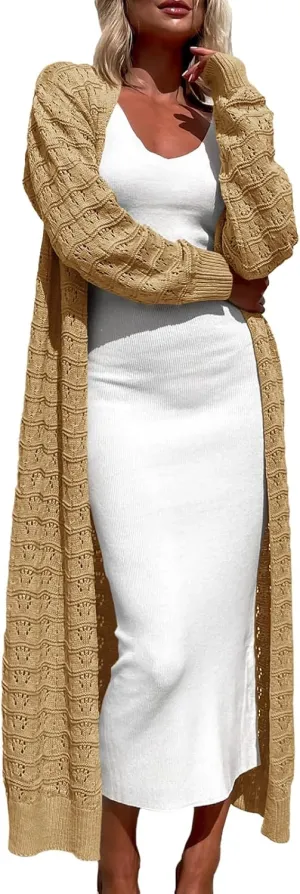 ZoeAce Womens Crochet Maxi Cardigan Sweaters Open Front Knit Long Sleeve Lightweight Duster Cardigan Casual Winter Outfits