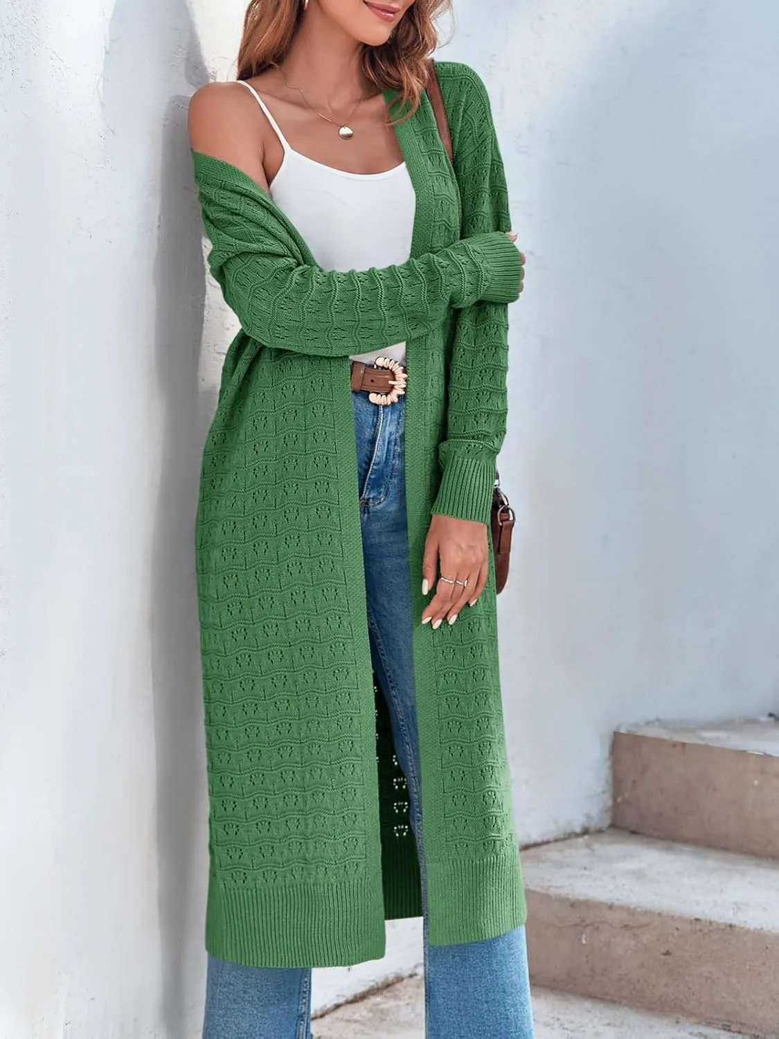 ZoeAce Womens Crochet Maxi Cardigan Sweaters Open Front Knit Long Sleeve Lightweight Duster Cardigan Casual Winter Outfits