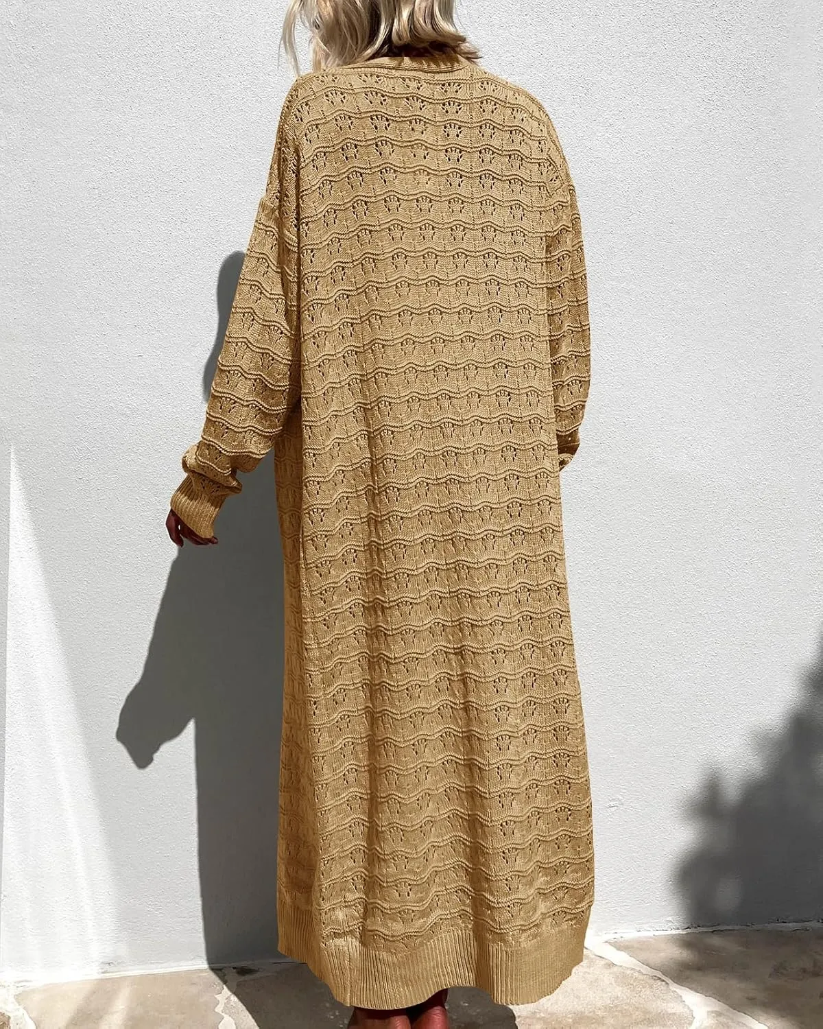 ZoeAce Womens Crochet Maxi Cardigan Sweaters Open Front Knit Long Sleeve Lightweight Duster Cardigan Casual Winter Outfits