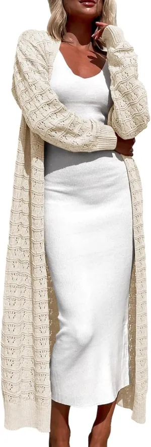 ZoeAce Womens Crochet Maxi Cardigan Sweaters Open Front Knit Long Sleeve Lightweight Duster Cardigan Casual Winter Outfits