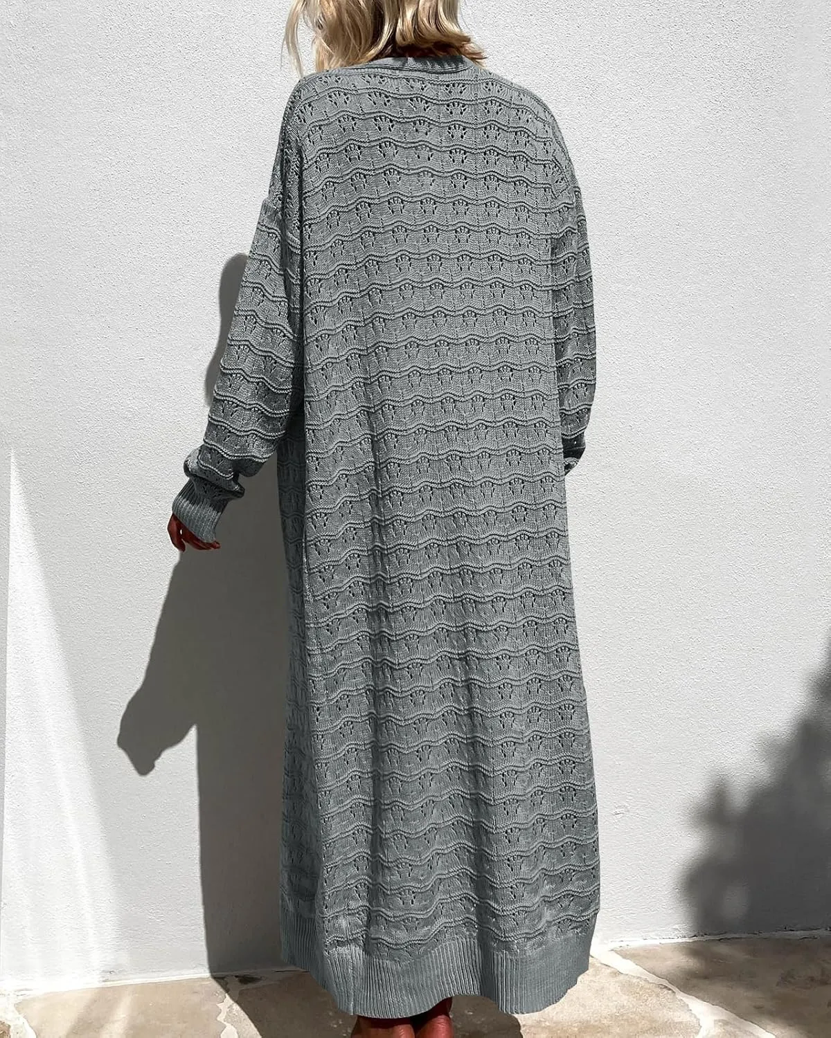 ZoeAce Womens Crochet Maxi Cardigan Sweaters Open Front Knit Long Sleeve Lightweight Duster Cardigan Casual Winter Outfits