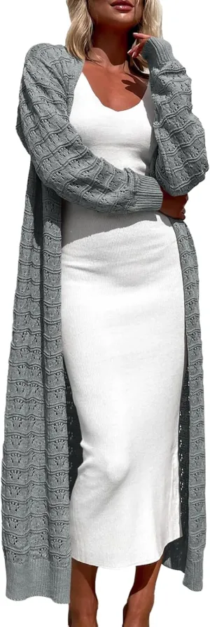 ZoeAce Womens Crochet Maxi Cardigan Sweaters Open Front Knit Long Sleeve Lightweight Duster Cardigan Casual Winter Outfits