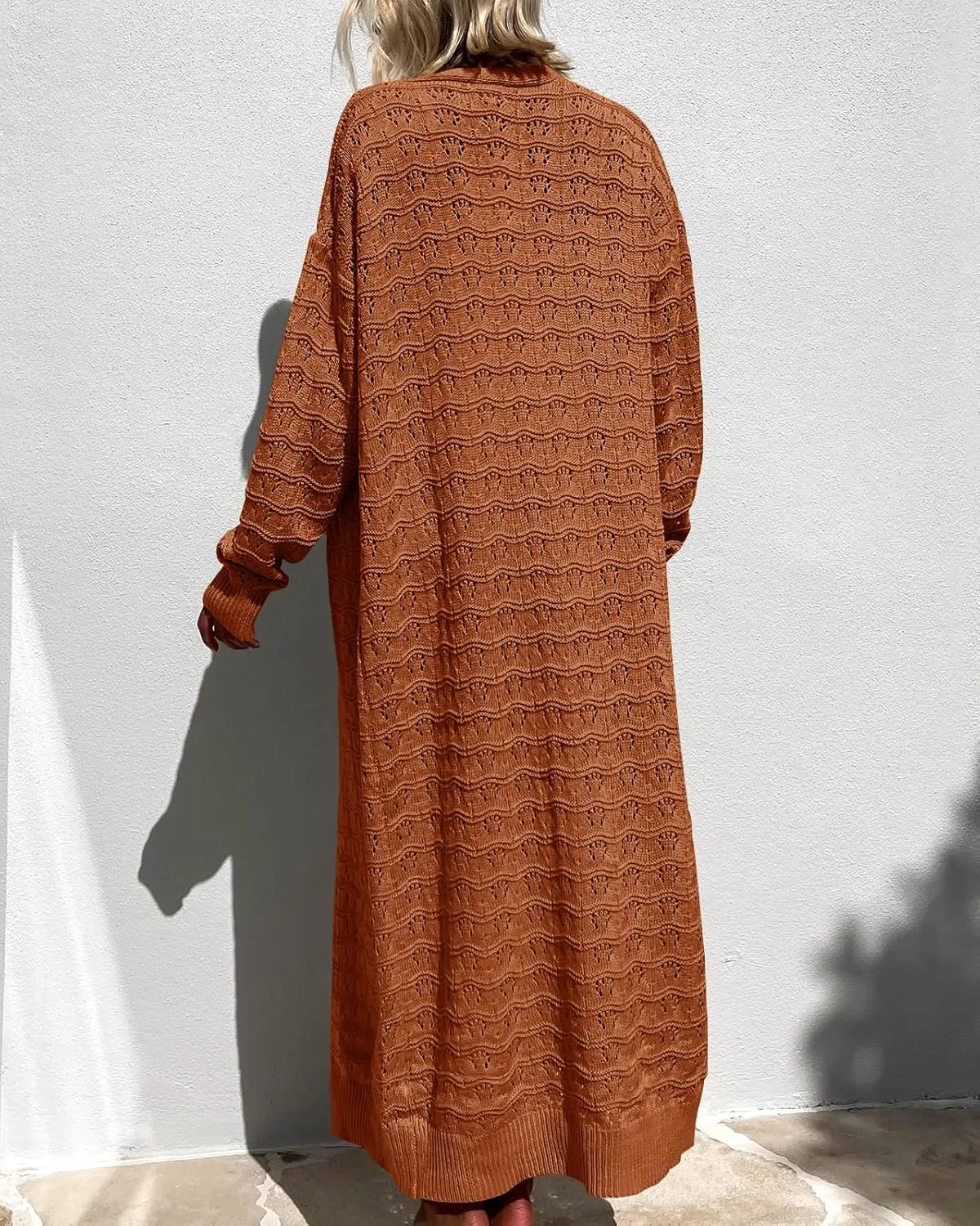 ZoeAce Womens Crochet Maxi Cardigan Sweaters Open Front Knit Long Sleeve Lightweight Duster Cardigan Casual Winter Outfits