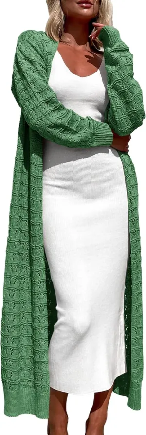 ZoeAce Womens Crochet Maxi Cardigan Sweaters Open Front Knit Long Sleeve Lightweight Duster Cardigan Casual Winter Outfits