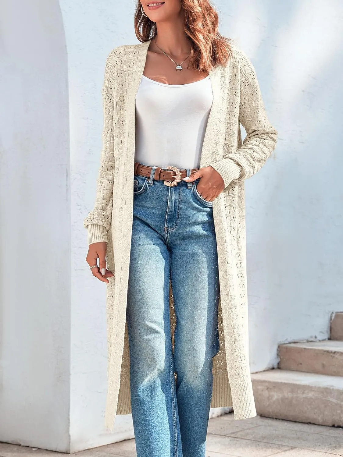 ZoeAce Womens Crochet Maxi Cardigan Sweaters Open Front Knit Long Sleeve Lightweight Duster Cardigan Casual Winter Outfits