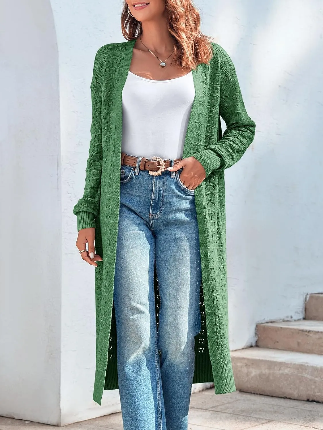 ZoeAce Womens Crochet Maxi Cardigan Sweaters Open Front Knit Long Sleeve Lightweight Duster Cardigan Casual Winter Outfits