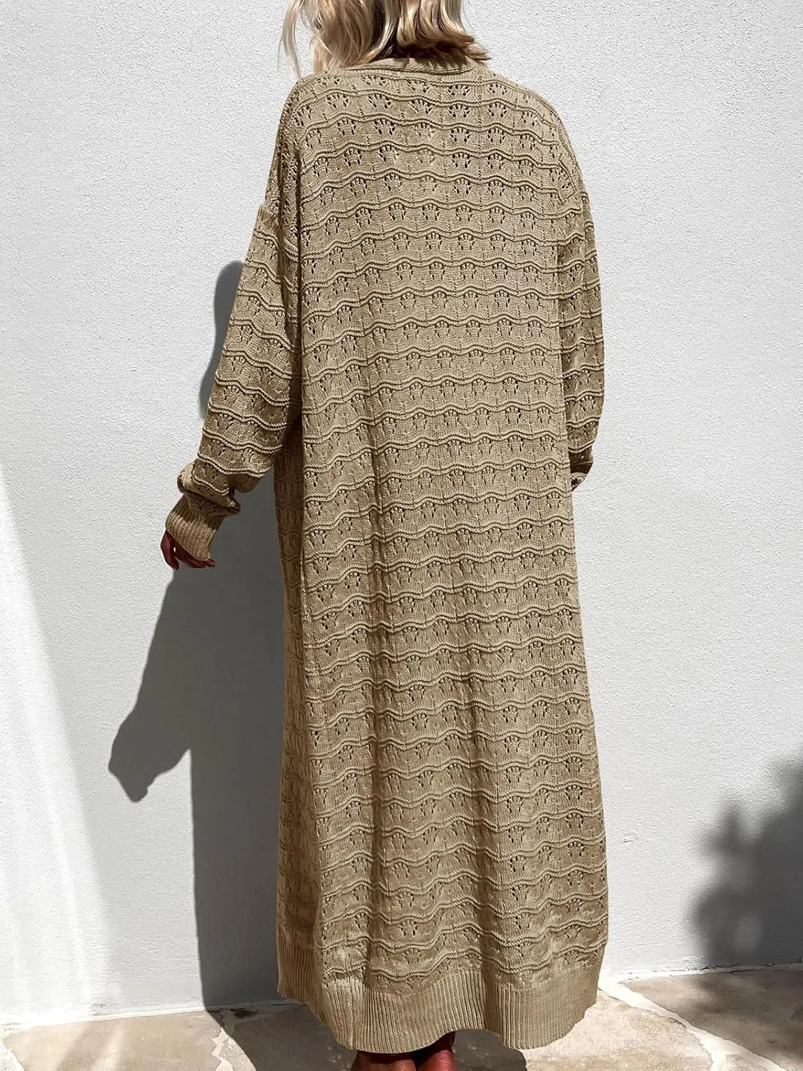 ZoeAce Womens Crochet Maxi Cardigan Sweaters Open Front Knit Long Sleeve Lightweight Duster Cardigan Casual Winter Outfits