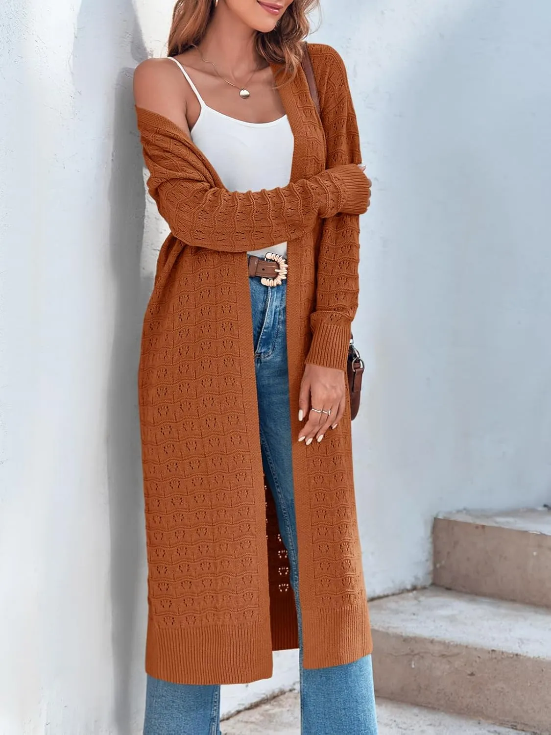 ZoeAce Womens Crochet Maxi Cardigan Sweaters Open Front Knit Long Sleeve Lightweight Duster Cardigan Casual Winter Outfits