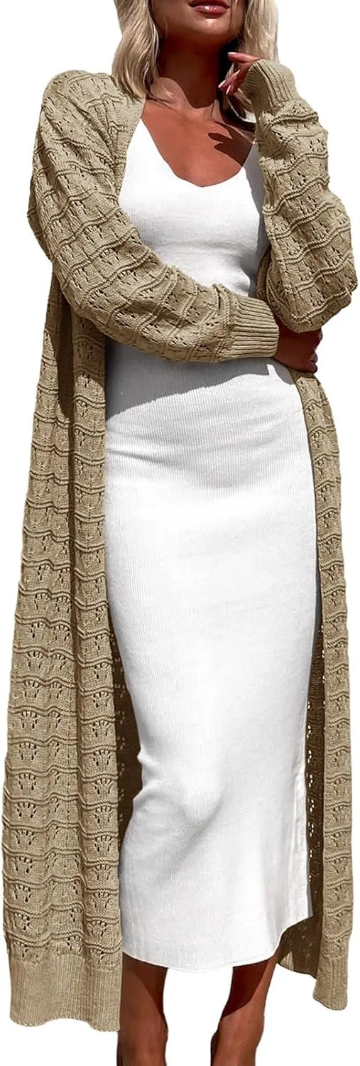 ZoeAce Womens Crochet Maxi Cardigan Sweaters Open Front Knit Long Sleeve Lightweight Duster Cardigan Casual Winter Outfits