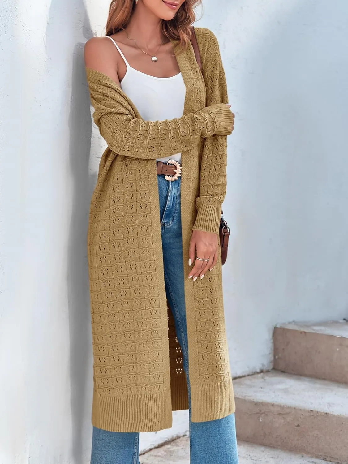 ZoeAce Womens Crochet Maxi Cardigan Sweaters Open Front Knit Long Sleeve Lightweight Duster Cardigan Casual Winter Outfits
