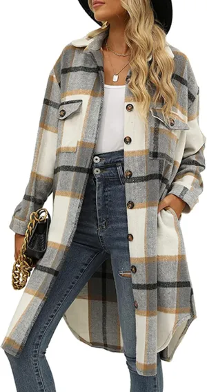 Zontroldy Casual Long Plaid Shirts Shacket Jacket Button Down Long Sleeve Shirts Trench Coats for Women