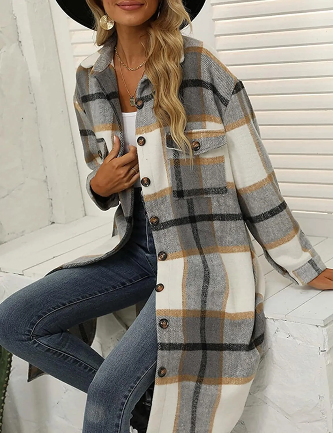 Zontroldy Casual Long Plaid Shirts Shacket Jacket Button Down Long Sleeve Shirts Trench Coats for Women