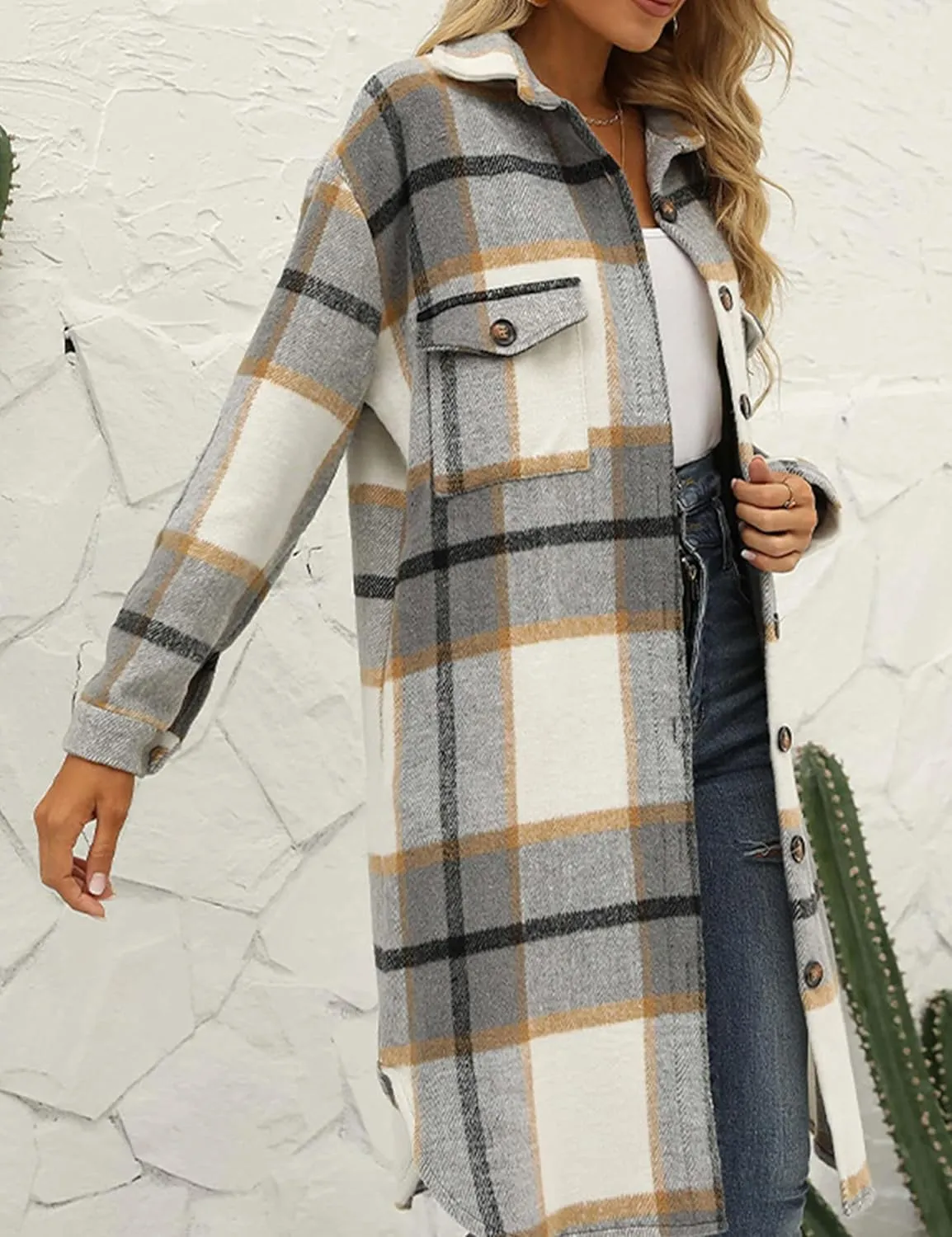 Zontroldy Casual Long Plaid Shirts Shacket Jacket Button Down Long Sleeve Shirts Trench Coats for Women