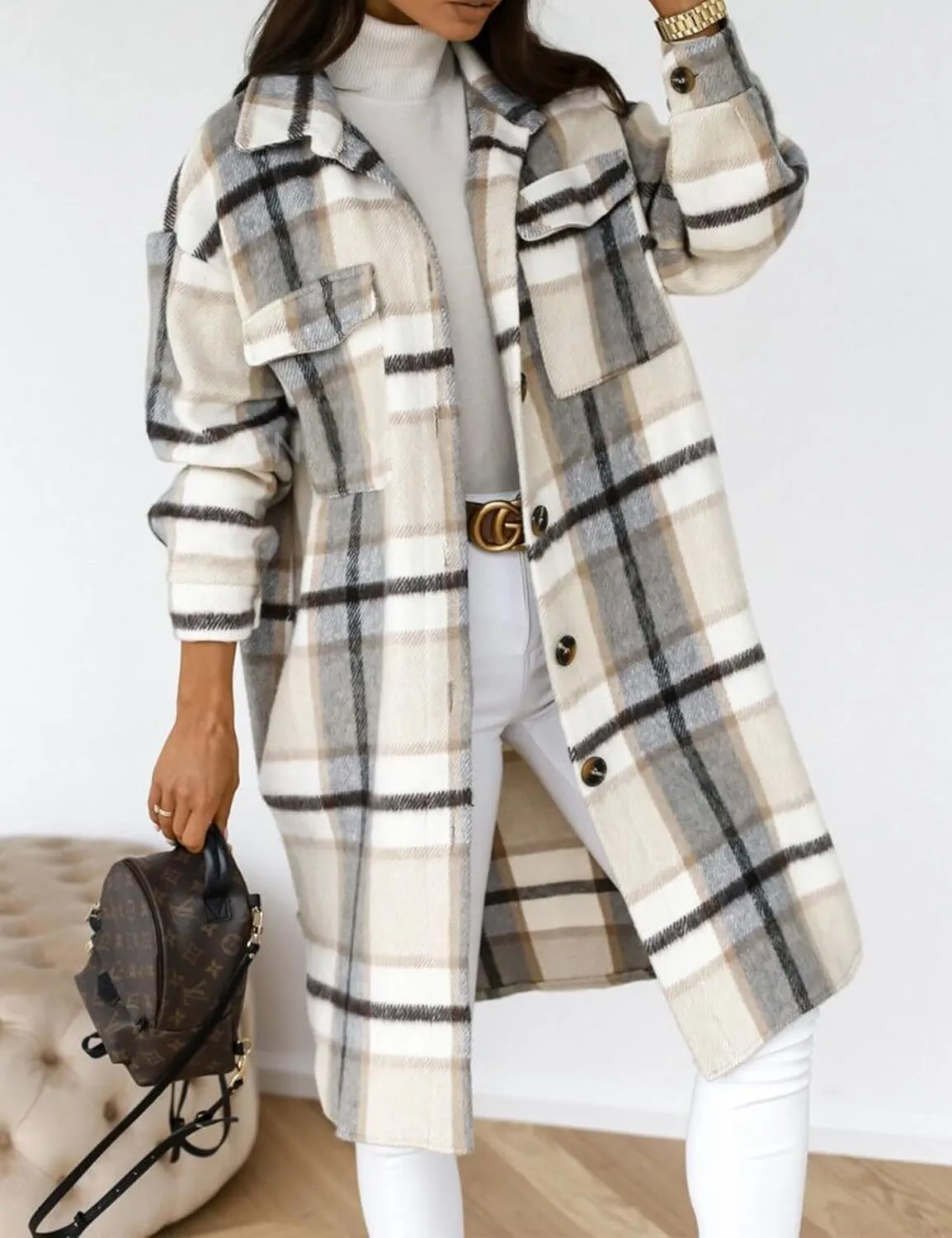 Zontroldy Casual Long Plaid Shirts Shacket Jacket Button Down Long Sleeve Shirts Trench Coats for Women
