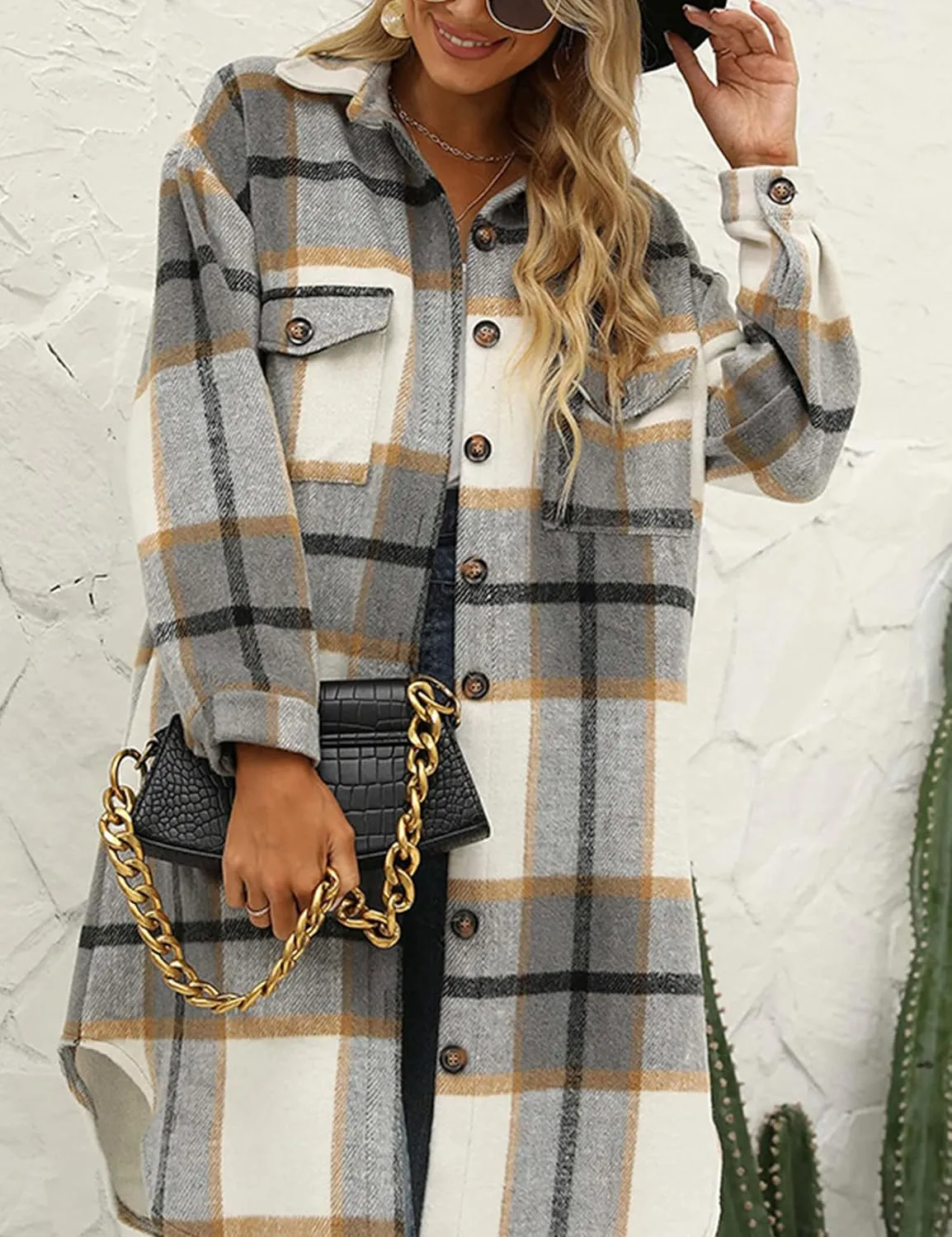 Zontroldy Casual Long Plaid Shirts Shacket Jacket Button Down Long Sleeve Shirts Trench Coats for Women