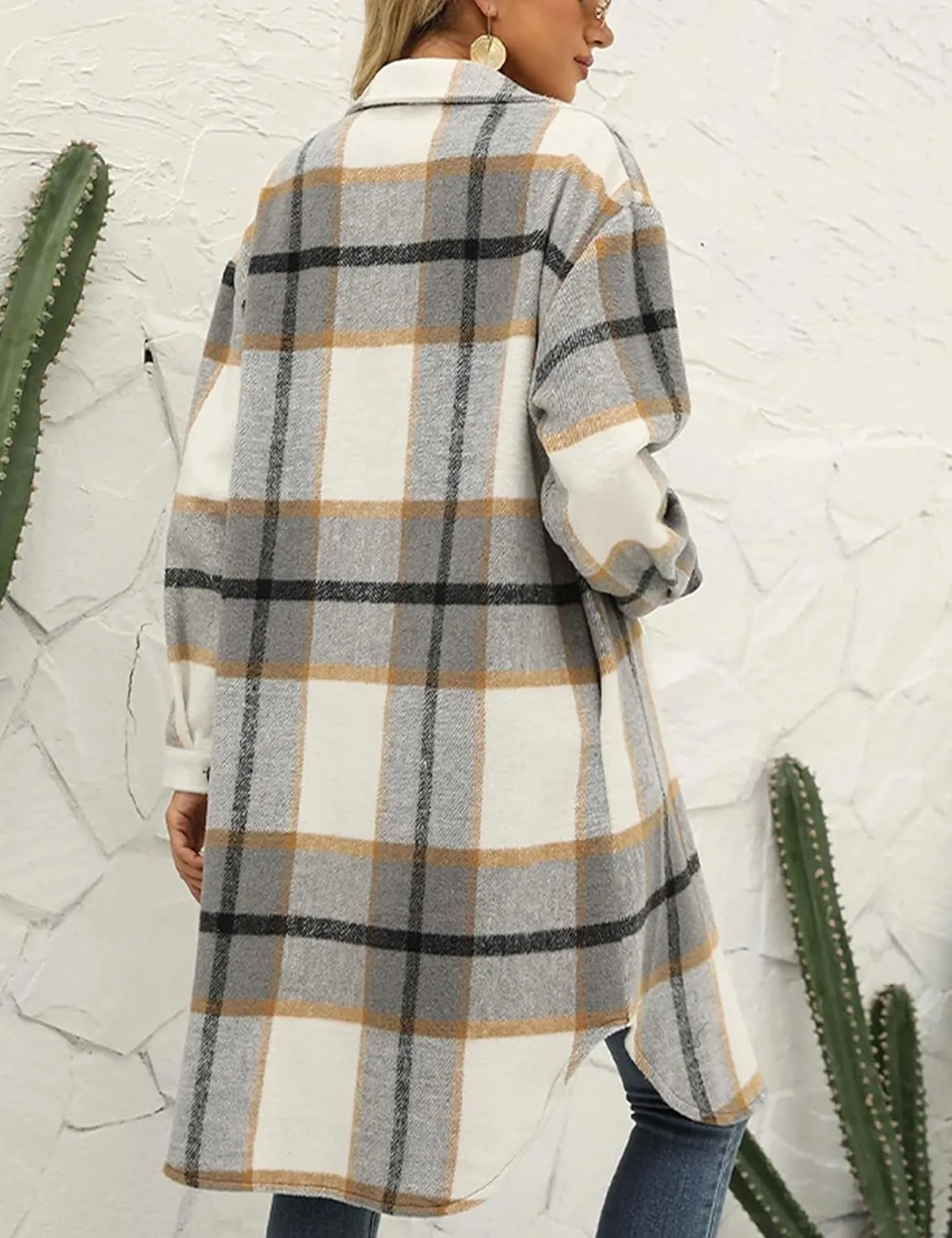 Zontroldy Casual Long Plaid Shirts Shacket Jacket Button Down Long Sleeve Shirts Trench Coats for Women