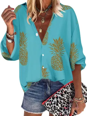 ZXZY Women Pineapple Printed Lapel Collar Half Sleeves Buttons Down Blouse Shirt