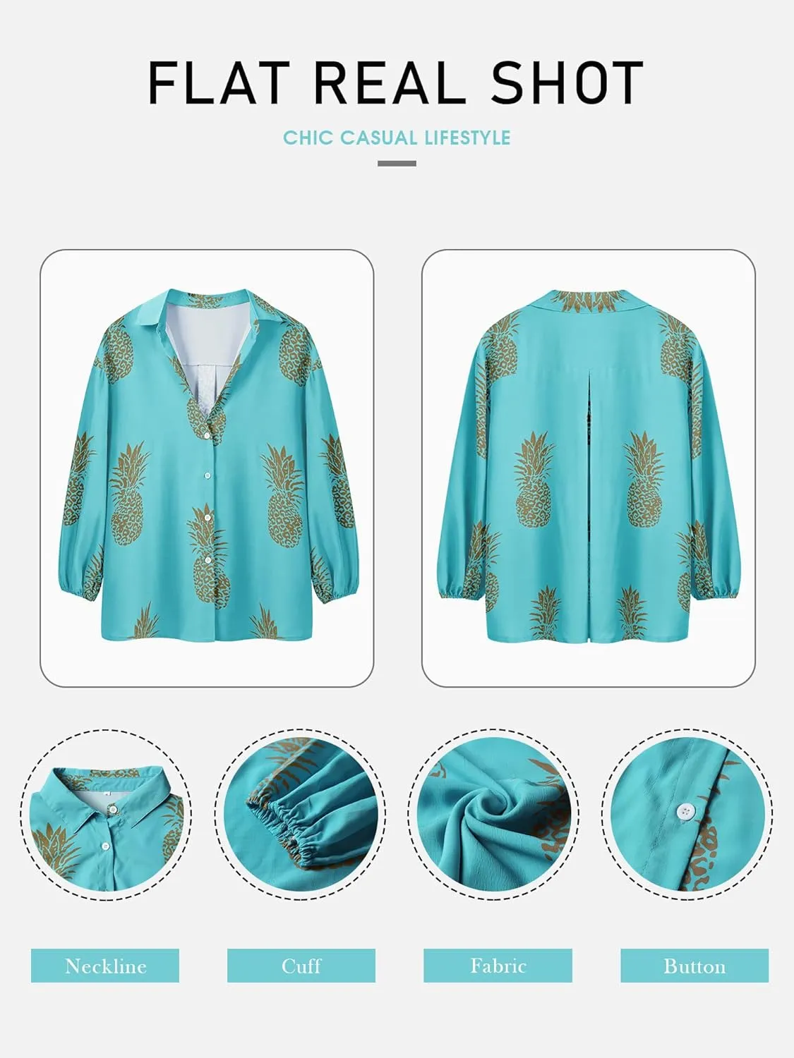 ZXZY Women Pineapple Printed Lapel Collar Half Sleeves Buttons Down Blouse Shirt