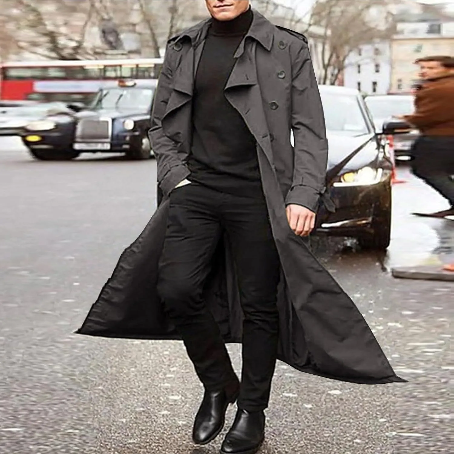 ZYXTIM Man's Double Breasted Trench Coat Notched Lapel Casual Windbreaker Vintage Long Jacket Overcoat with Shoulder Pad