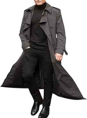 ZYXTIM Man's Double Breasted Trench Coat Notched Lapel Casual Windbreaker Vintage Long Jacket Overcoat with Shoulder Pad