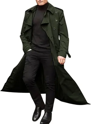 ZYXTIM Man's Double Breasted Trench Coat Notched Lapel Casual Windbreaker Vintage Long Jacket Overcoat with Shoulder Pad