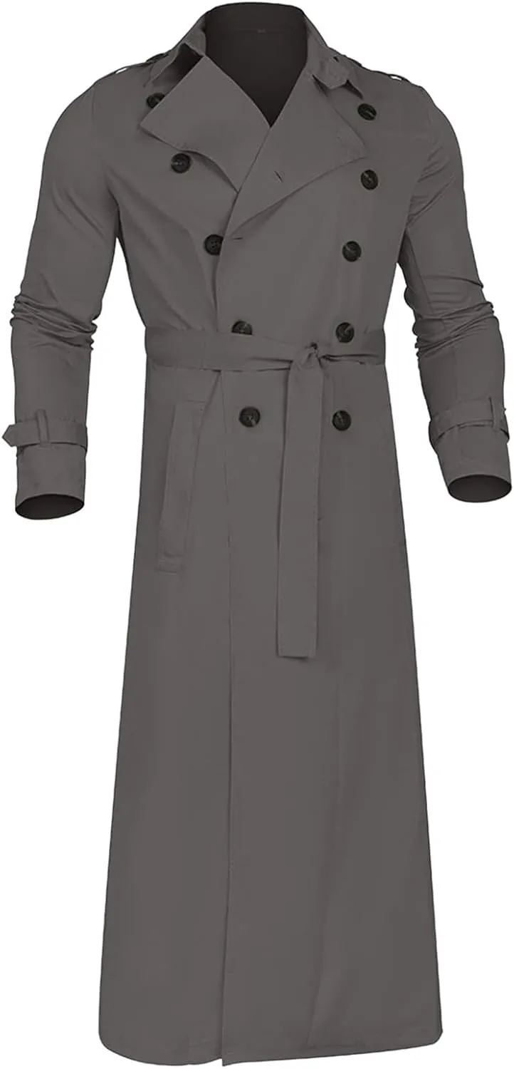 ZYXTIM Man's Double Breasted Trench Coat Notched Lapel Casual Windbreaker Vintage Long Jacket Overcoat with Shoulder Pad