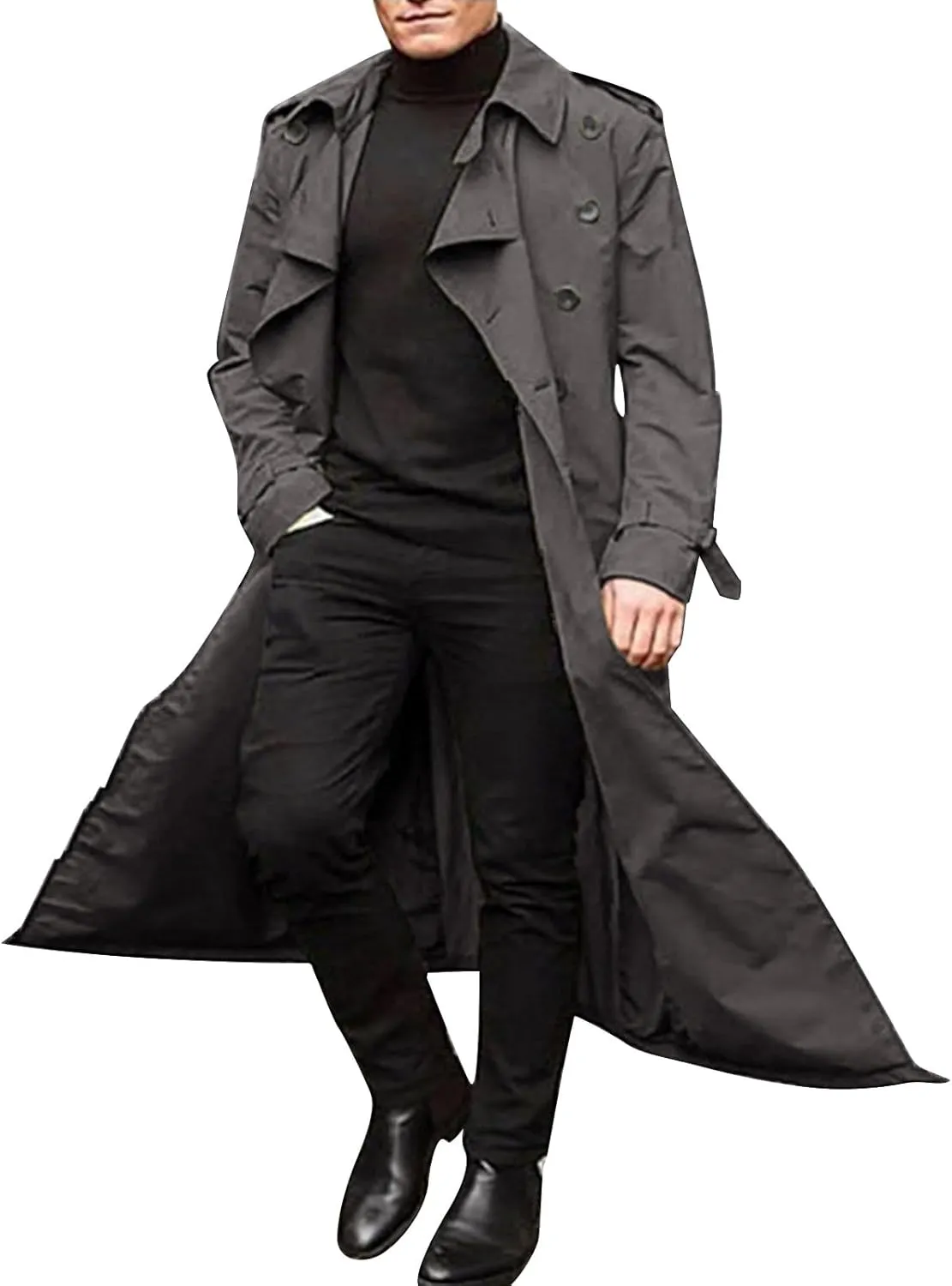 ZYXTIM Man's Double Breasted Trench Coat Notched Lapel Casual Windbreaker Vintage Long Jacket Overcoat with Shoulder Pad