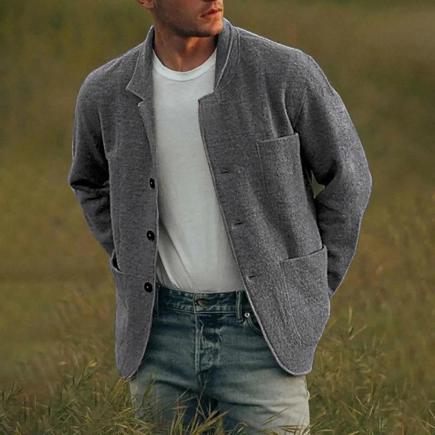 ZYXTIM Men's Casual Blazer Wool Cardigan Jacket Shawl Collar Button Down Lightweight Fall Coat Office Travel Classic Jacket