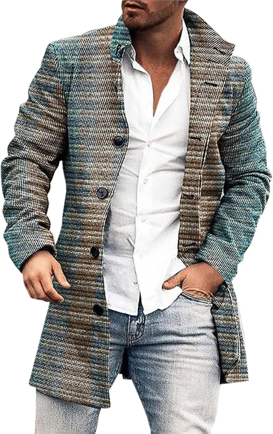 ZYXTIM Men's Floral Pattern Printed Trench Coat Double Breasted Notched Collar Long Jakcets Fashion Casual Business Overcoat