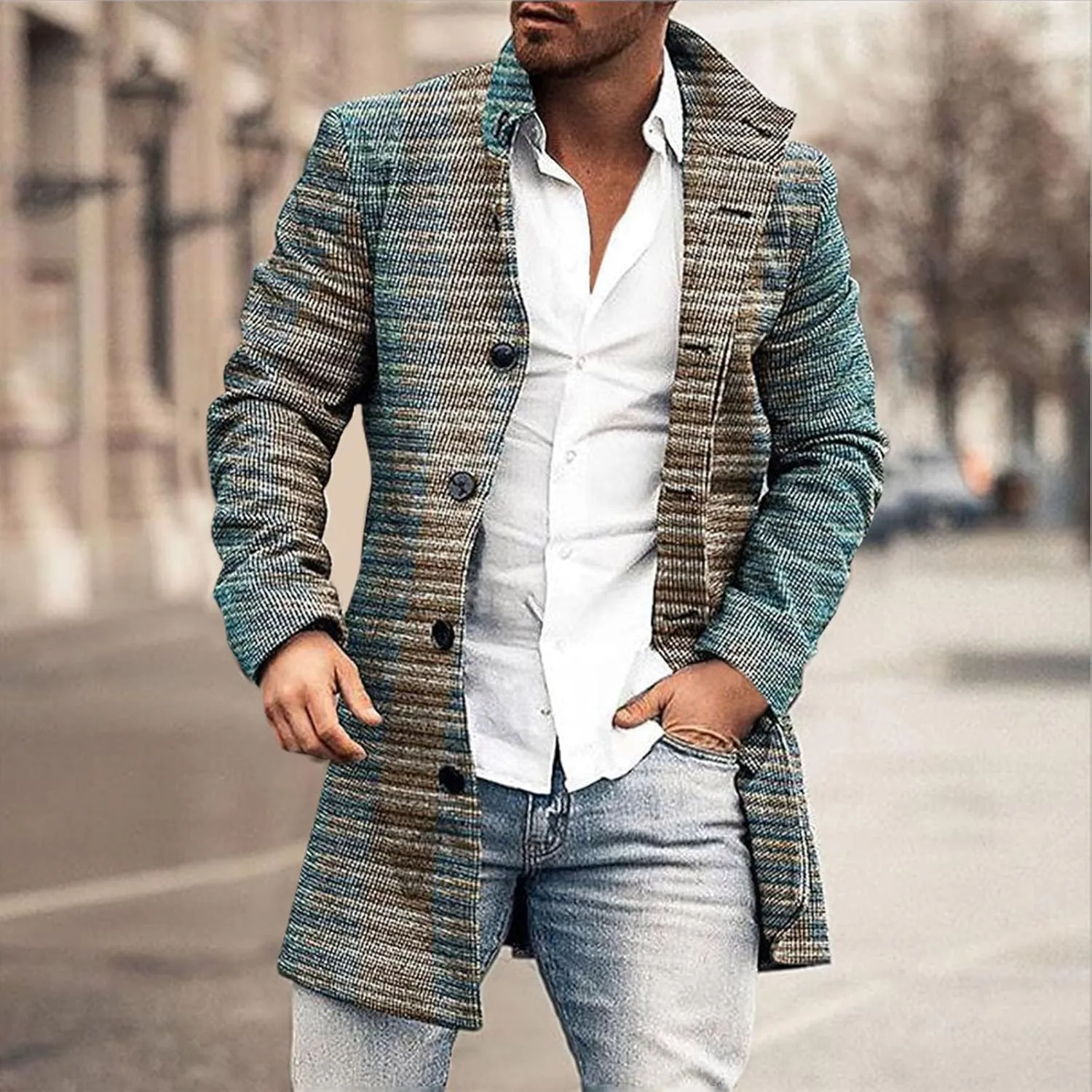ZYXTIM Men's Floral Pattern Printed Trench Coat Double Breasted Notched Collar Long Jakcets Fashion Casual Business Overcoat