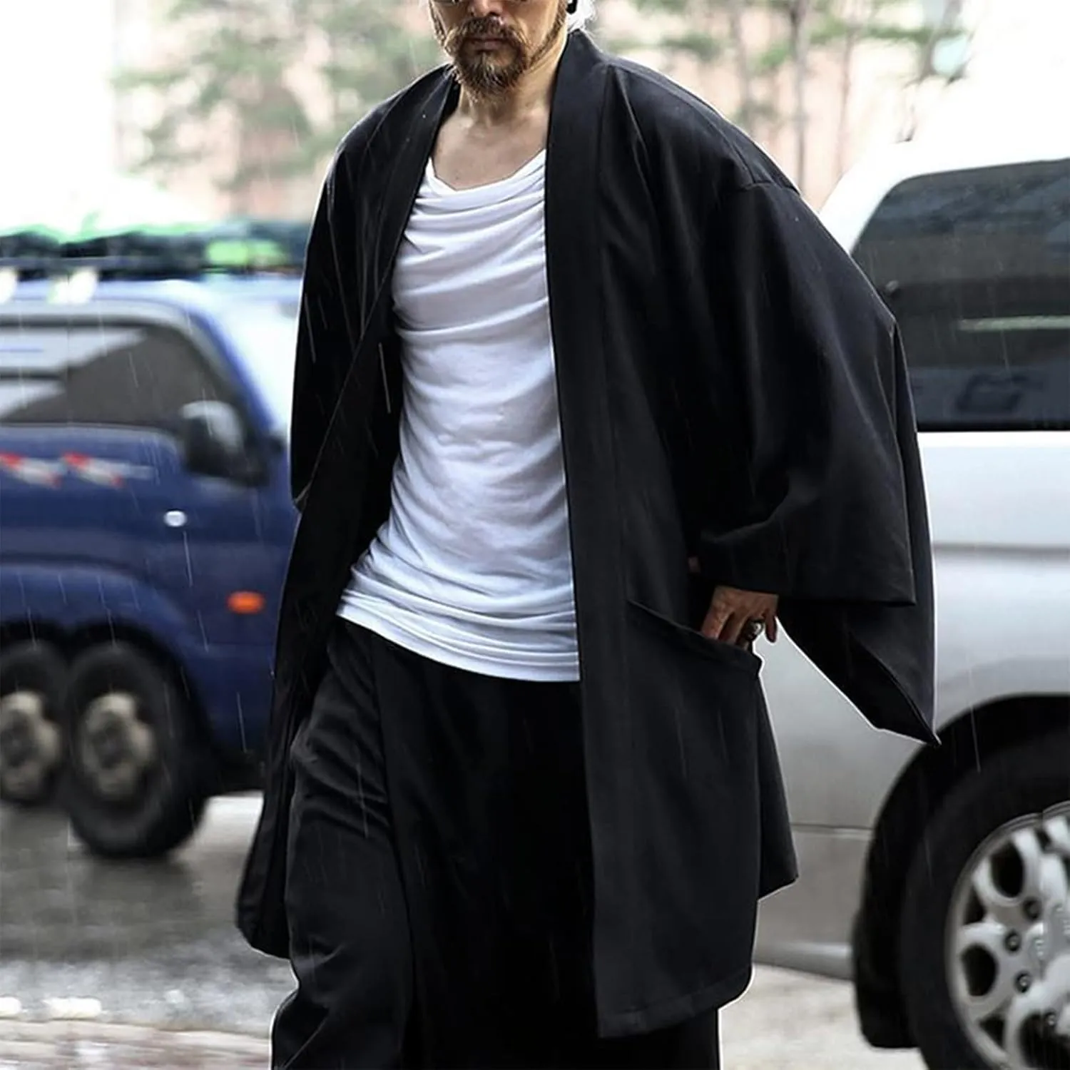 ZYXTIM Men's Ruffle Shawl Collar Cardigan Open Front Long Sleeve Long Length Drape Cape Overcoat Casual Kimono with Pockets