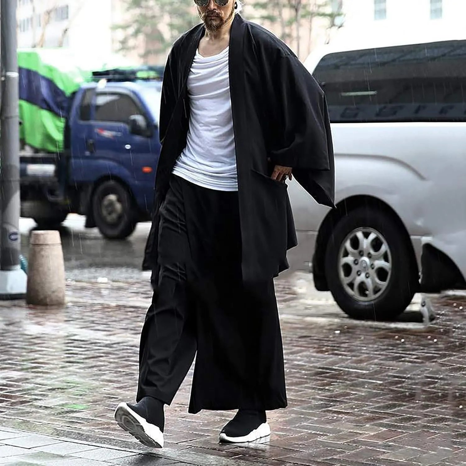 ZYXTIM Men's Ruffle Shawl Collar Cardigan Open Front Long Sleeve Long Length Drape Cape Overcoat Casual Kimono with Pockets