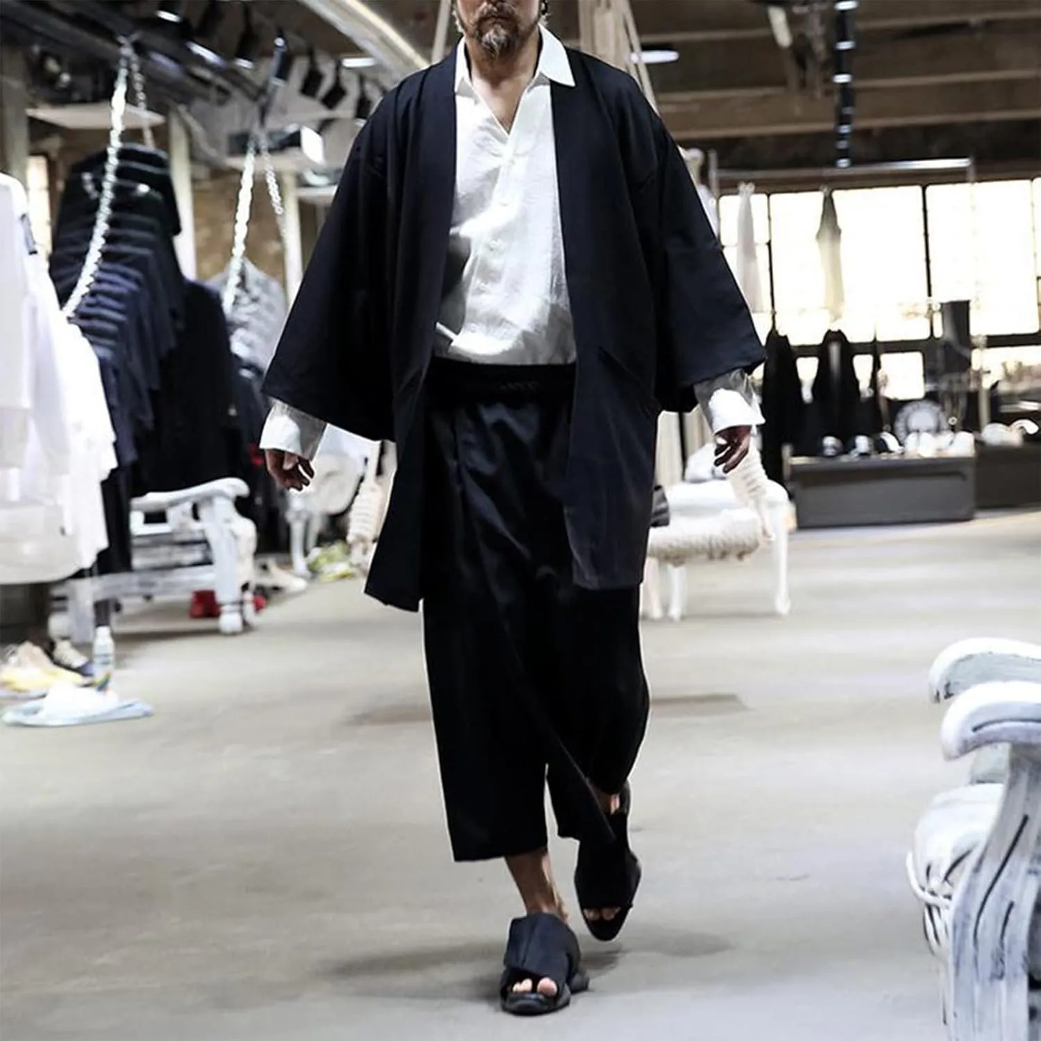 ZYXTIM Men's Ruffle Shawl Collar Cardigan Open Front Long Sleeve Long Length Drape Cape Overcoat Casual Kimono with Pockets
