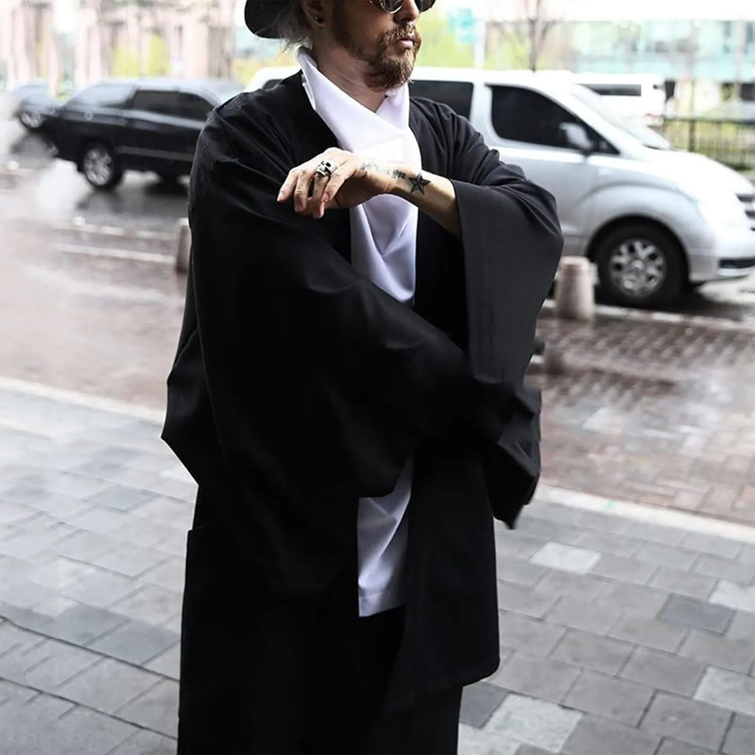 ZYXTIM Men's Ruffle Shawl Collar Cardigan Open Front Long Sleeve Long Length Drape Cape Overcoat Casual Kimono with Pockets